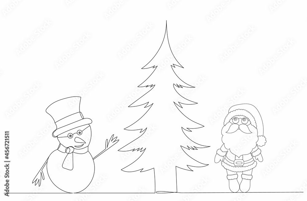 Fototapeta premium santa claus and snowman one continuous line drawing