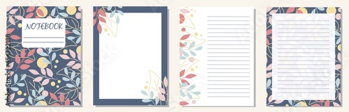 Set of page templates. Cute floral Vector design. Abstract Backgrounds for notebooks, notepads, diaries.