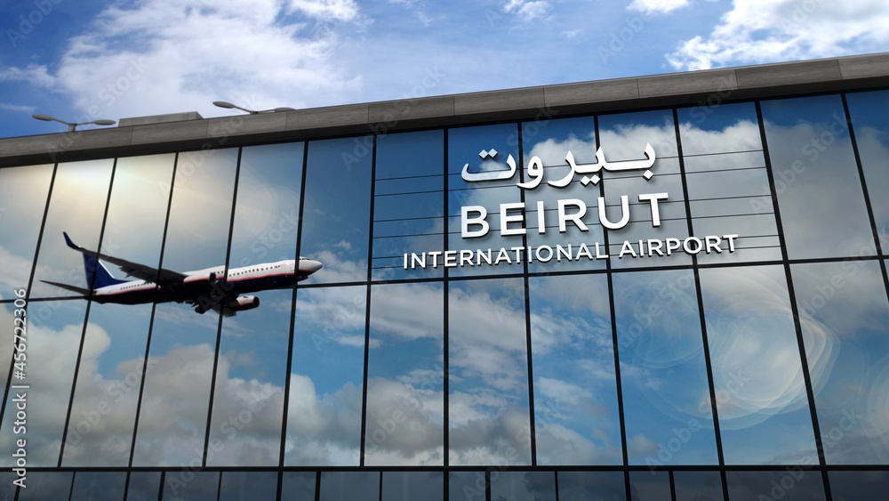 Obraz premium Airplane landing at Beirut Lebanon airport mirrored in terminal