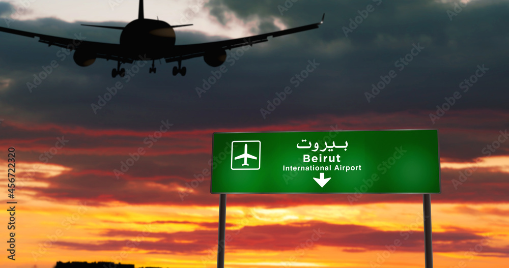 Fototapeta premium Plane landing in Beirut Lebanon airport with signboard
