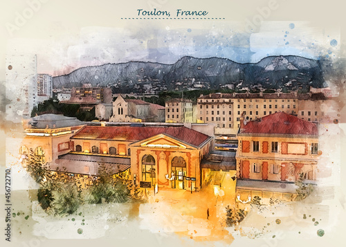 city life of Toulon, France in sketch style