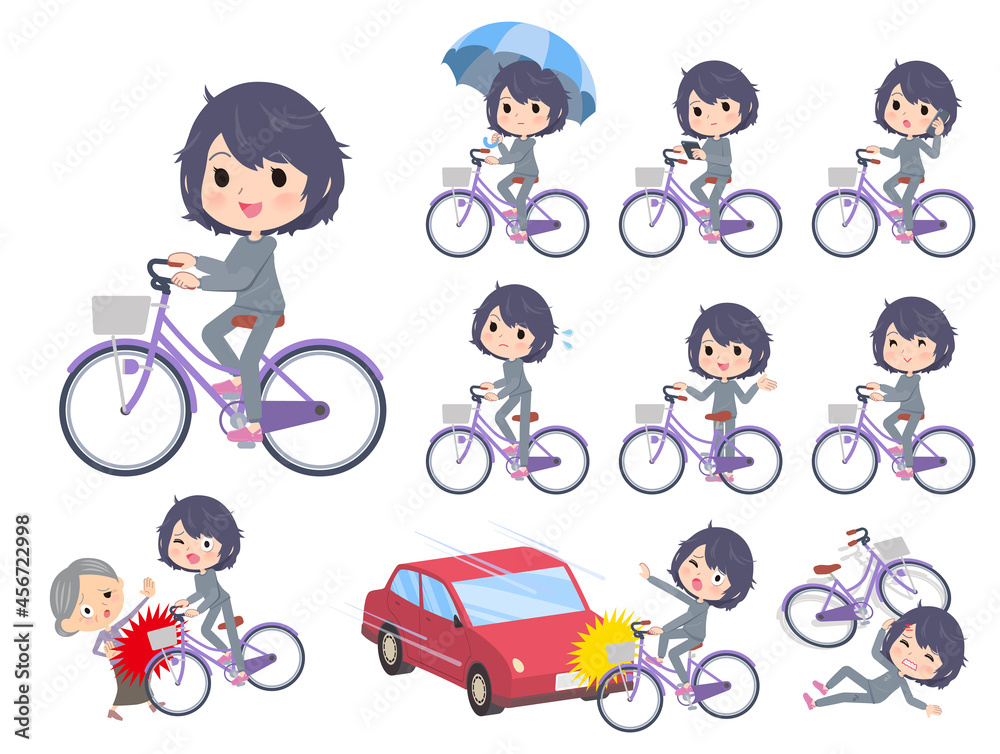 シティサイクルに乗ったニート女性のセット