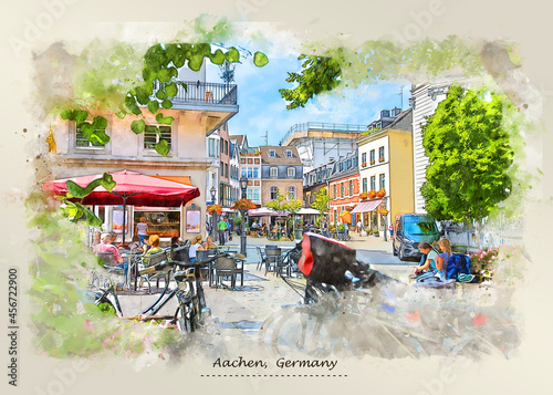 city life of Aachen, Germany in sketch style for using for postcard or illustration #456722900