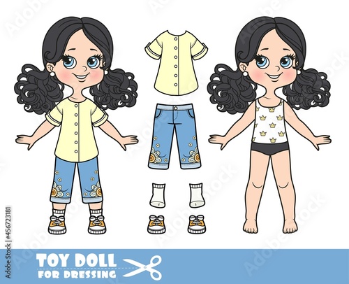 Cartoon girl with black ponytails hairstyle dressed and clothes separately - yellow long tunic and embroidered denim shorts, orange sneakers doll for dressing