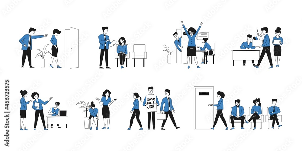 Business troubles. Male employee, problem with work. Nervous people look for job or interview, annoyed emotions or hr mistake recent vector scenes