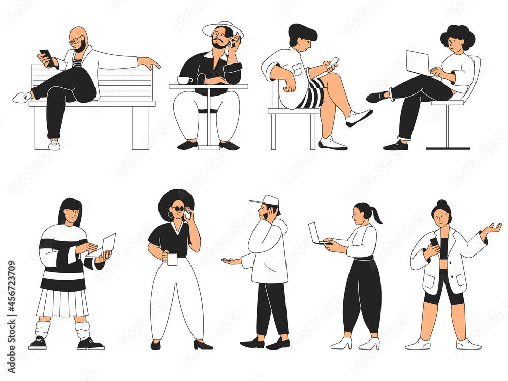 People with gadget. Man typing on phone, person working with laptop. Mobile adults, cartoon teens with smartphones and computer recent vector set