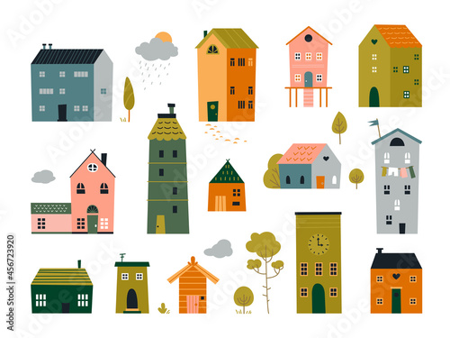 Cute tiny houses. Front brick house, cartoon flat buildings. Doodle small home, trendy scandinavian street landscape classy vector objects set