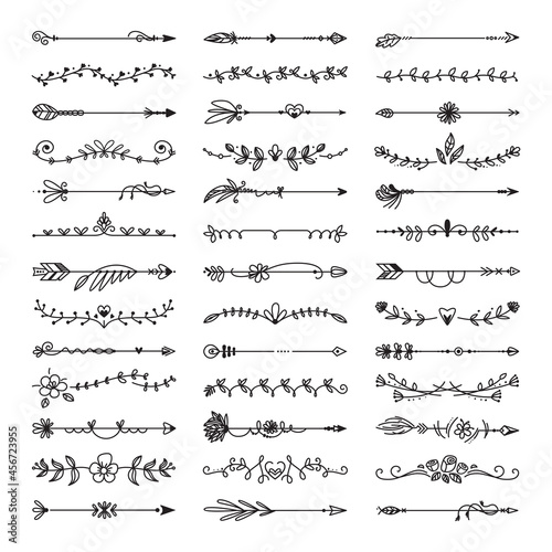 Doodle decorative dividers. Floral line, ornaments designs. Hand drawn divider and vintage arrows. Isolated sketch retro classy vector elements