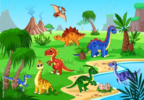 Dinosaur prehistoric landscape. Cartoon baby poster, happy animals and volcano. Dino on lake, jungle palm tree. Funny jurassic land garish vector background © LadadikArt