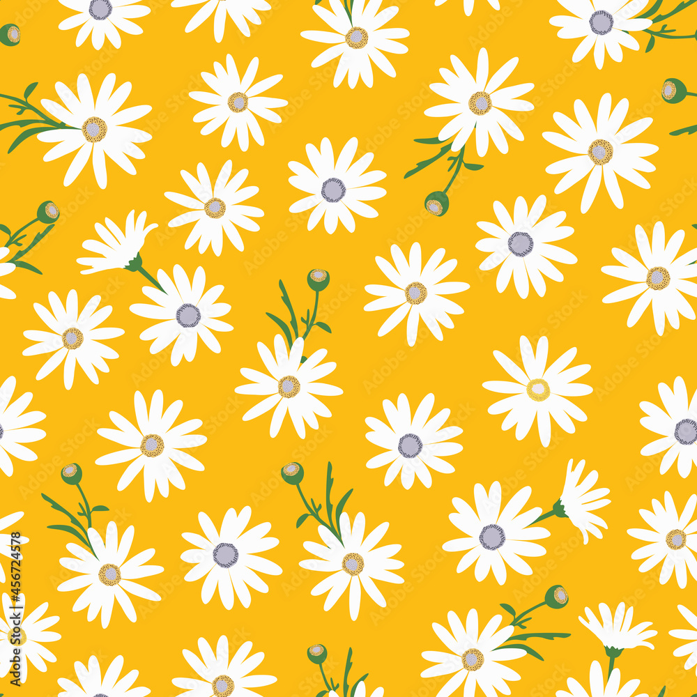 ditsy daisy seamless pattern. daisies and chamomile in orange yellow background in summer spring season for fabric, textile, stationary, fashion design print, apparel, clothing, home decor, etc. ditsy daisy seamless pattern. daisies and chamomile in orange yellow background in summer spring season for fabric, textile, stationary, fashion design print, apparel, clothing, home decor, etc.