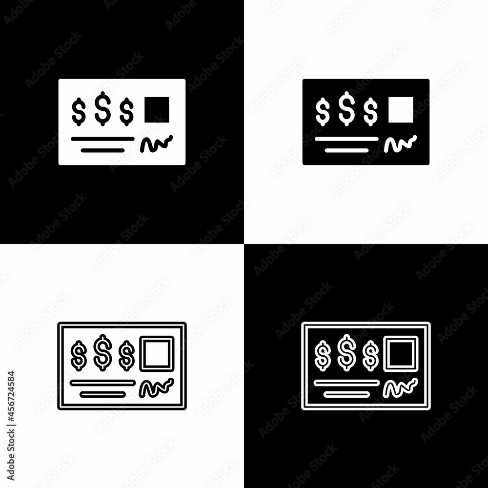 Set Blank template of the bank check and pen icon isolated on black and white background. Checkbook cheque page with empty fields to fill. Vector Set Blank template of the bank check and pen icon isolated on black and white background. Checkbook cheque page with empty fields to fill. Vector