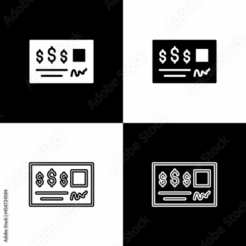 Set Blank template of the bank check and pen icon isolated on black and white background. Checkbook cheque page with empty fields to fill. Vector