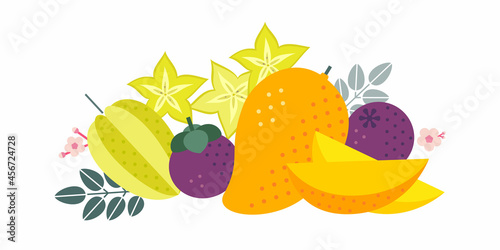 Fototapeta Naklejka Na Ścianę i Meble -  Tropical exotic fruits. Flat illustration. Starfruit, mangosteen and mango. Whole and cut fruits, leaves and flowers. Illustration can use for jam, marmalade fruit drink, label, packaging design.