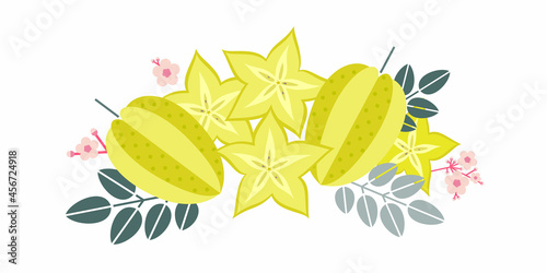 Starfruit (carambola) fruits. Flat illustration. Whole and cut fruits, leaves and flowers. Illustration can use for jam, marmalade fruit drink, fruit filler, for label, packaging design, adv products