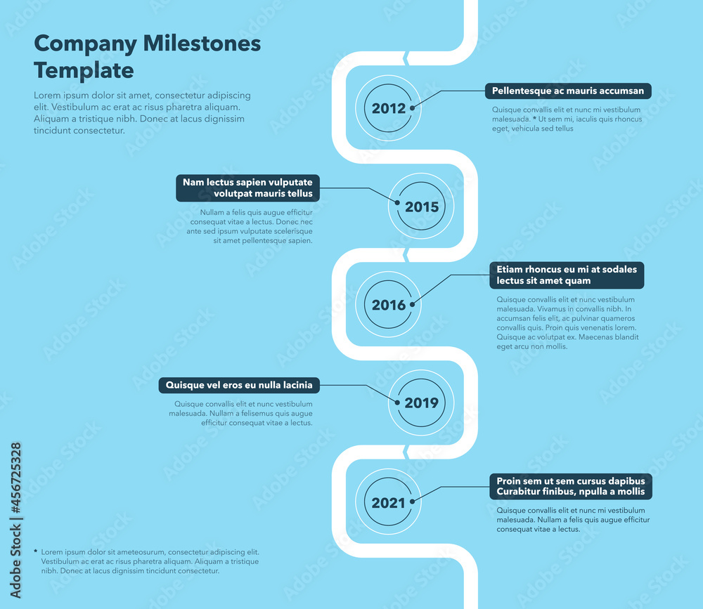 Modern company milestones timeline template with five steps - blue version. Easy to use for your website or presentation.