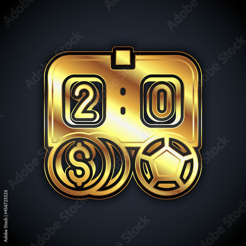 Gold Soccer football betting money icon isolated on black background. Football bet bookmaker. Soccer betting online make money. Vector