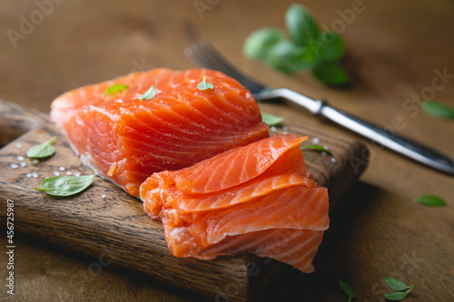 A piece of smoked salmon, cut into thin slices