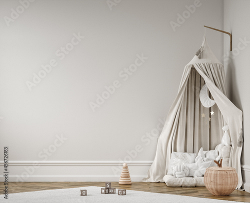Wall mockup in children room, Scandi-Boho style interior in neutral colors, 3D render