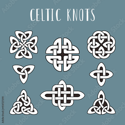 Celtic knots. Beautiful celtics knot symbols, eternal trinity trefoil unity energy interconnected knotted icons isolated on color background, tribal irish celt loops vector signes