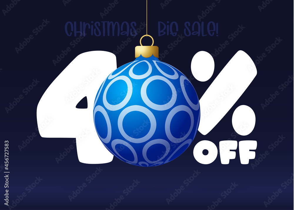 Merry christmas big Sale banner. Christmas Sale 40 percent off banner template with decorated ball hang on a thread. Happy new year and xmas Vector illustration Merry christmas big Sale banner. Christmas Sale 40 percent off banner template with decorated ball hang on a thread. Happy new year and xmas Vector illustration