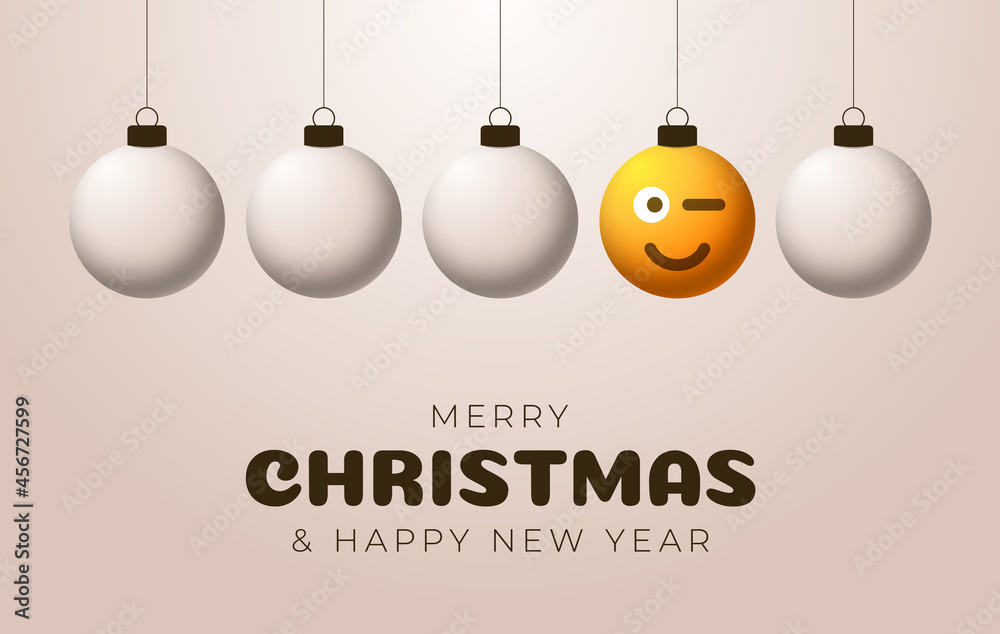 Merry christmas yellow ball with cute face greeting card. Emoticons on bubble toys. Vector for decoration holiday xmas tree. Element of design Happy New Year sale banner, flyer, poster, background.