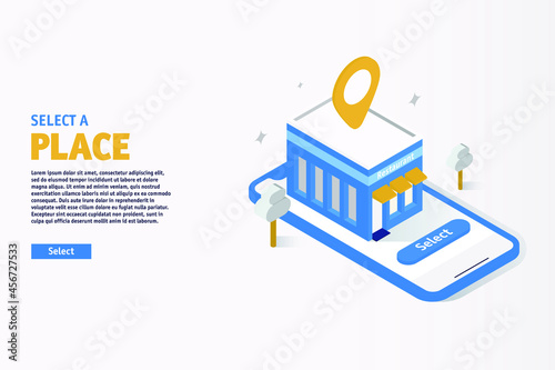 Select a Place Online Through Smartphone. Website template. Landing Page. Application Concept.