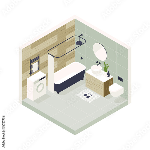 Vector isometric low poly cozy bathroom with various furniture.