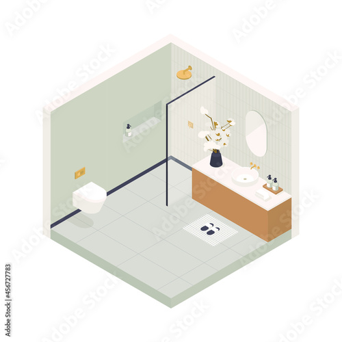 Vector isometric low poly cozy bathroom with various furniture. © dot_studio