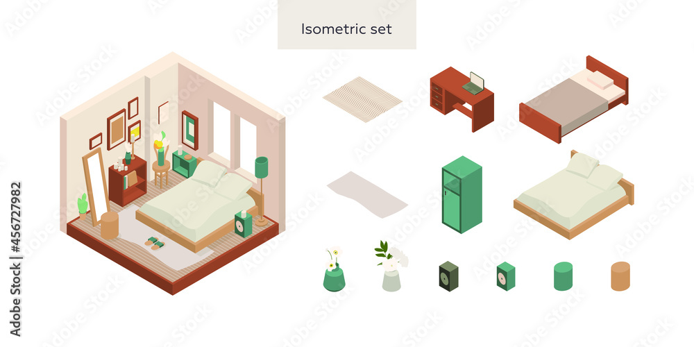 Set of vector isometric low poly cozy room with various furniture. Set of vector isometric low poly cozy room with various furniture.