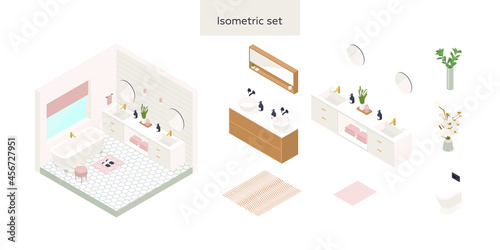Set of vector isometric low poly cozy bathroom with various furniture.