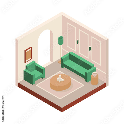 Vector isometric low poly cozy living room with various furniture.