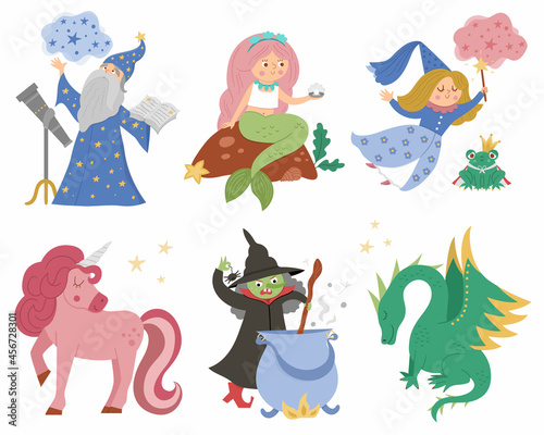 Fairy tale characters collection. Vector set of fantasy witch, unicorn, dragon, fairy, magician, mermaid, frog prince. Medieval fairytale castle pack. Cartoon magic icons for kids..