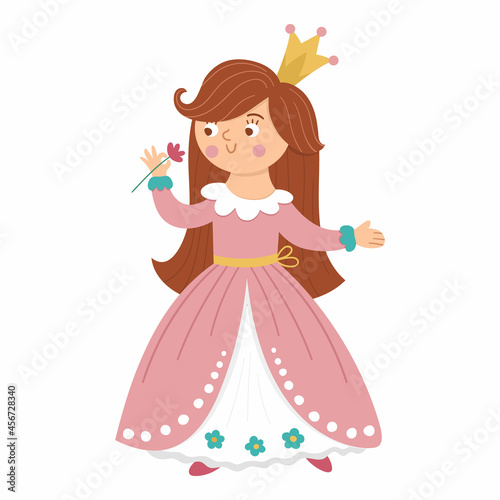 Fairy tale vector princess smelling flower. Fantasy girl in crown isolated on white background. Medieval fairytale maid in pink dress. Girlish cartoon magic icon with cute character..