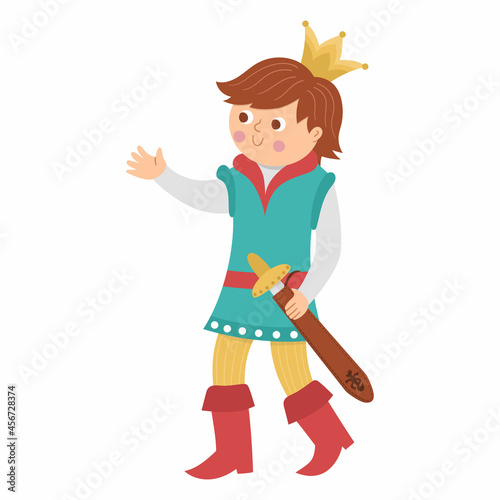 Fairy tale prince with sward isolated on white background. Vector fantasy young monarch in crown. Medieval fairytale character. Cartoon magic sovereign icon.