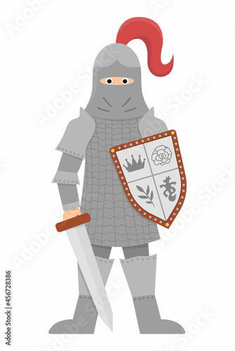 Fairy tale knight. Fantasy armored warrior isolated on white background. Fairytale soldier in helmet with sword, shield, chain mail. Cartoon icon with medieval character and weapon..