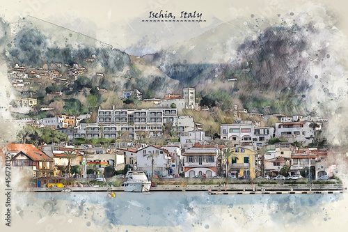 coast of Ischia, Italy in sketch style