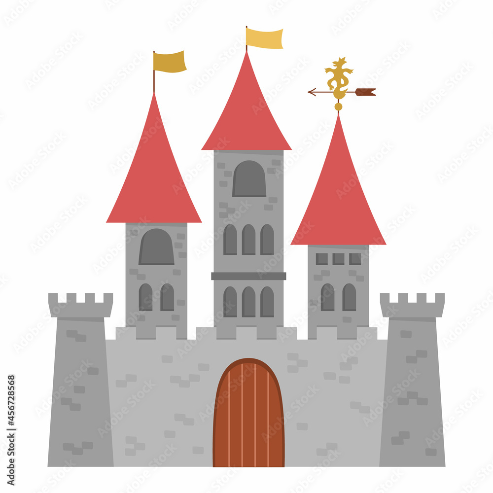Fototapeta premium Vector castle icon isolated on white background. Medieval stone palace with towers, flags, gates. Fairy tale king house illustration.