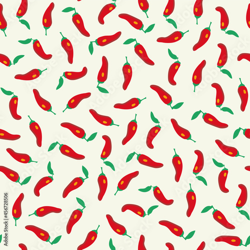 Seamless natural pattern, red peppers on white background. Flat style. Hand drawing. Design for textiles, wallpapers, printed products. Vector illustration