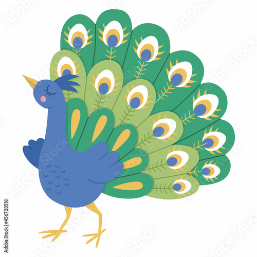 Fairy tale vector peacock. Fantasy bird with spread tale isolated on white background. Fairytale animal character. Cartoon magic icon.