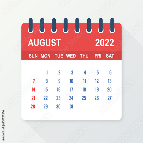 August 2022 Calendar Leaf. Calendar 2022 in flat style. Vector illustration.