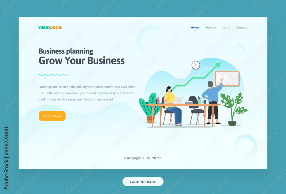 Landing Page Template with flat Character, statistics illustration Growing Business