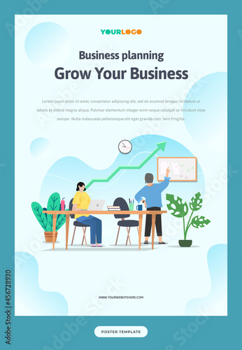 Poster Template with flat Character, statistics illustration Growing Business
