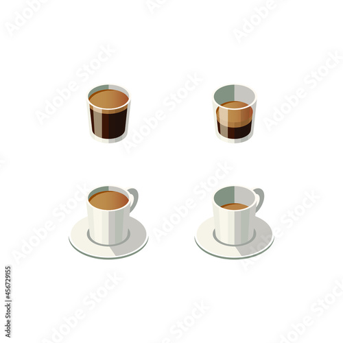 Vector Illustration of Isometric Cups and Glasses with Different Types of Espresso isolated on white background. Espresso, Espresso Doppio, Espresso Lungo. Cafe, Restaurant Menu Design Concept.