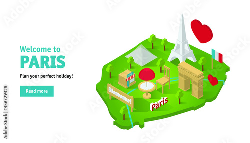 Travel website banner with famous architectural isometric attractions on Paris map with words: Welcome to Paris. Traveling concept.