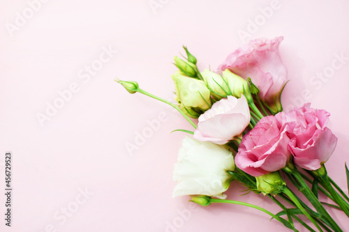 Beautiful pink eustoma flowers (lisianthus) in full bloom with buds leaves. Bouquet of flowers on pink background. Copy space