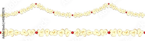 christmas popcorn and cranberies diy string, xmas garland for winter season, vector isolated on white background, design for decorating invitations, web, cards, posters, banners