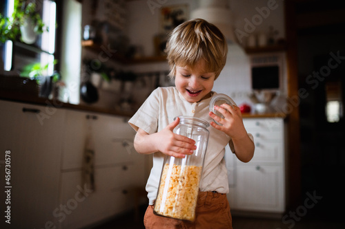 Bild auf Leinwand Portrait of cute small boy holding container with cornflakes indoors at home