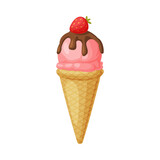 Pink Ice Cream in Waffle Cone with Chocolate Topping and Strawberry as Frozen Dessert and Sweet Snack Vector Illustration