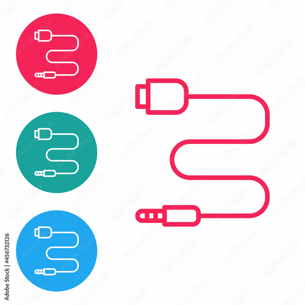Red line Audio jack icon isolated on white background. Audio cable for connection sound equipment. Plug wire. Musical instrument. Set icons in circle buttons. Vector Red line Audio jack icon isolated on white background. Audio cable for connection sound equipment. Plug wire. Musical instrument. Set icons in circle buttons. Vector