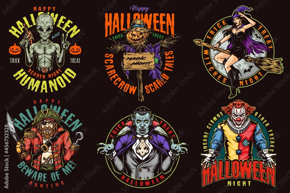 Halloween night colorful vintage emblems